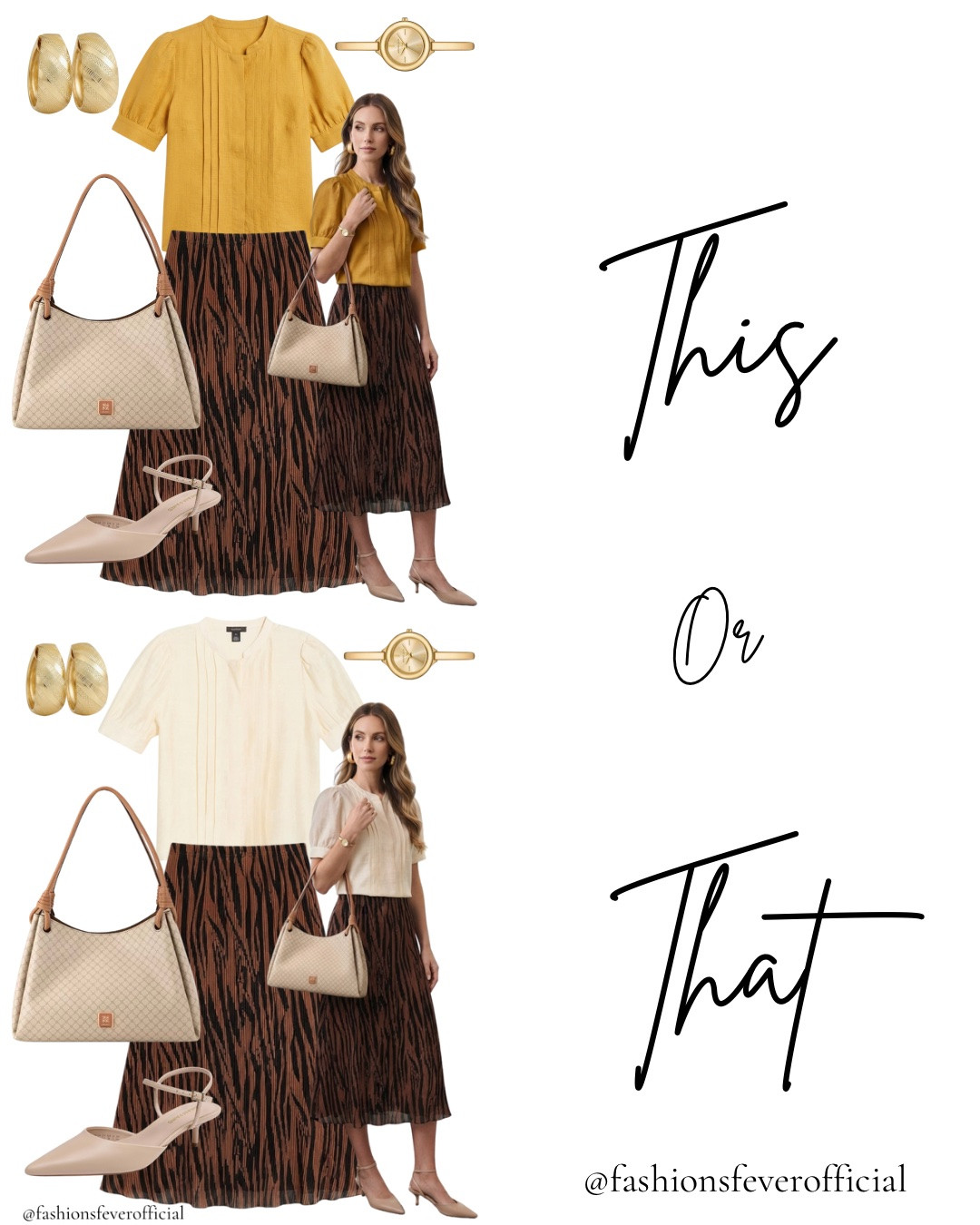 Same skirt, same bag, same shoes — one small swap completely changes the mood of this outfit. 🐆✨

Two tops. One tiger-print midi skirt. Two completely different vibes for the office.

The mustard puff-sleeve top? Bold, confident, “I run this meeting” energy.
The cream pintuck tee? Soft, polished, easy Friday energy.

Same gold hoops. Same crossbody. Same kitten heels. The only thing that changes is the top — and somehow that’s enough to shift the entire outfit.

This or that — which one’s giving your Monday vs. your Friday? 👇

Save this for your next “what do I wear to work” spiral.

#WorkwearStyle #BusinessCasual #OfficeOutfitInspo #CapsuleWardrobe #StyleTips #CorporateFashion #OOTD

#LTKsummer #LTKstyletip #LTKworkwear