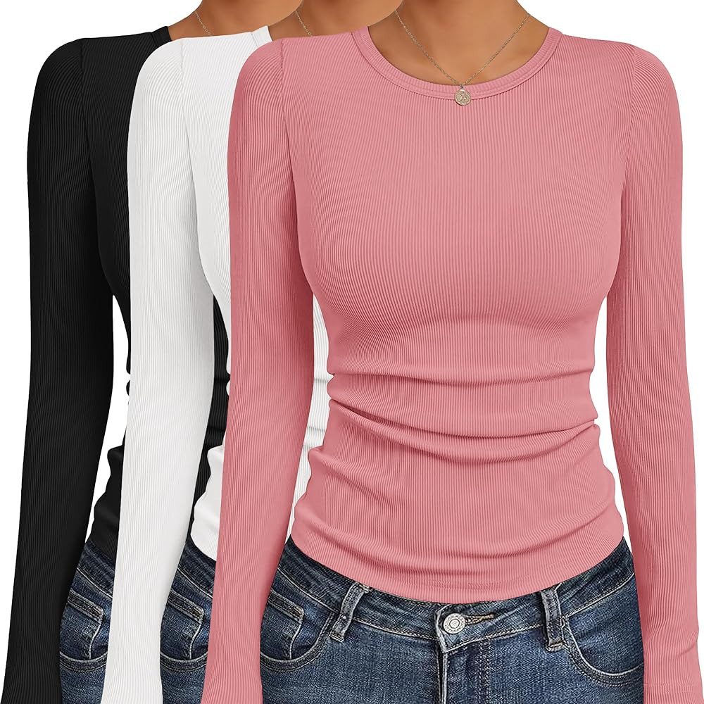 Ekouaer Women's Long Sleeve Shirts 3 Packs Crew Neck Stretchy Fitted Tops Ribbed Base Layer Soft ... | Amazon (US)