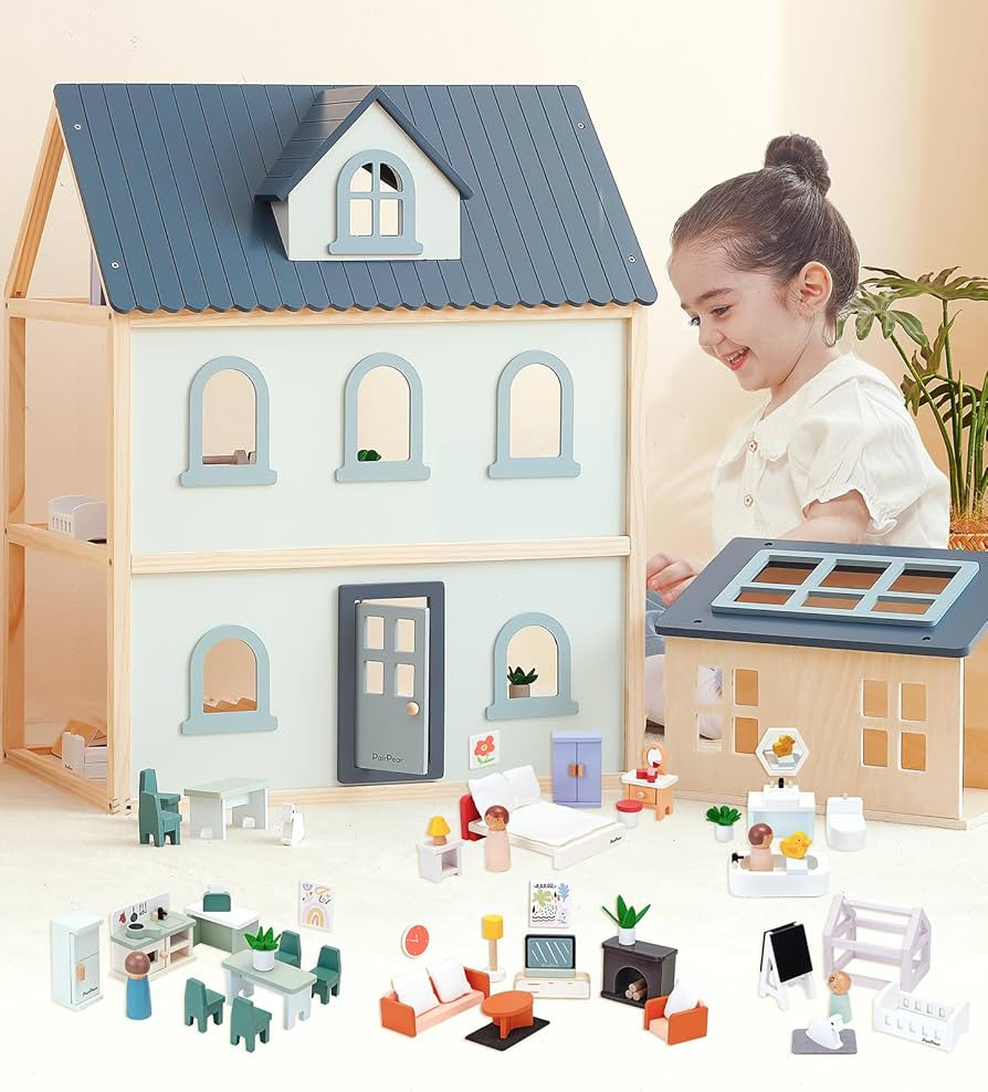 PairPear Large Wooden Dollhouse, 3 Story Play House with 64 Pieces Furniture Accessories & Garage... | Amazon (US)
