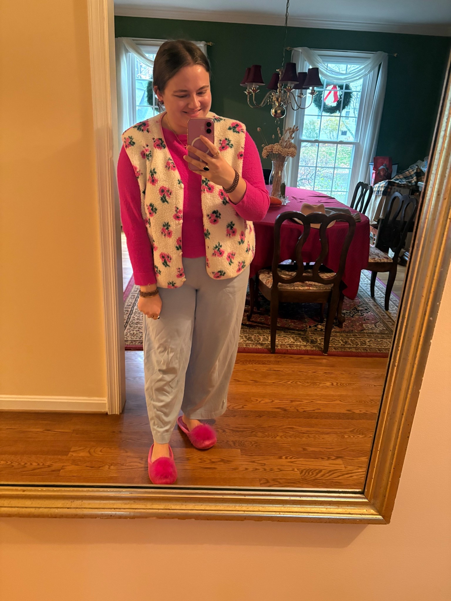 December 2, 2025 OOTD! 

Sherpa Vest • Printed Sherpa Vest • Floral Vest • Pink Cashmere Sweater • Cashmere • Cashmere Sweater • Velvet Slippers • Pink Slippers

#LTKootd #LTKMidsize #LTKPetite
