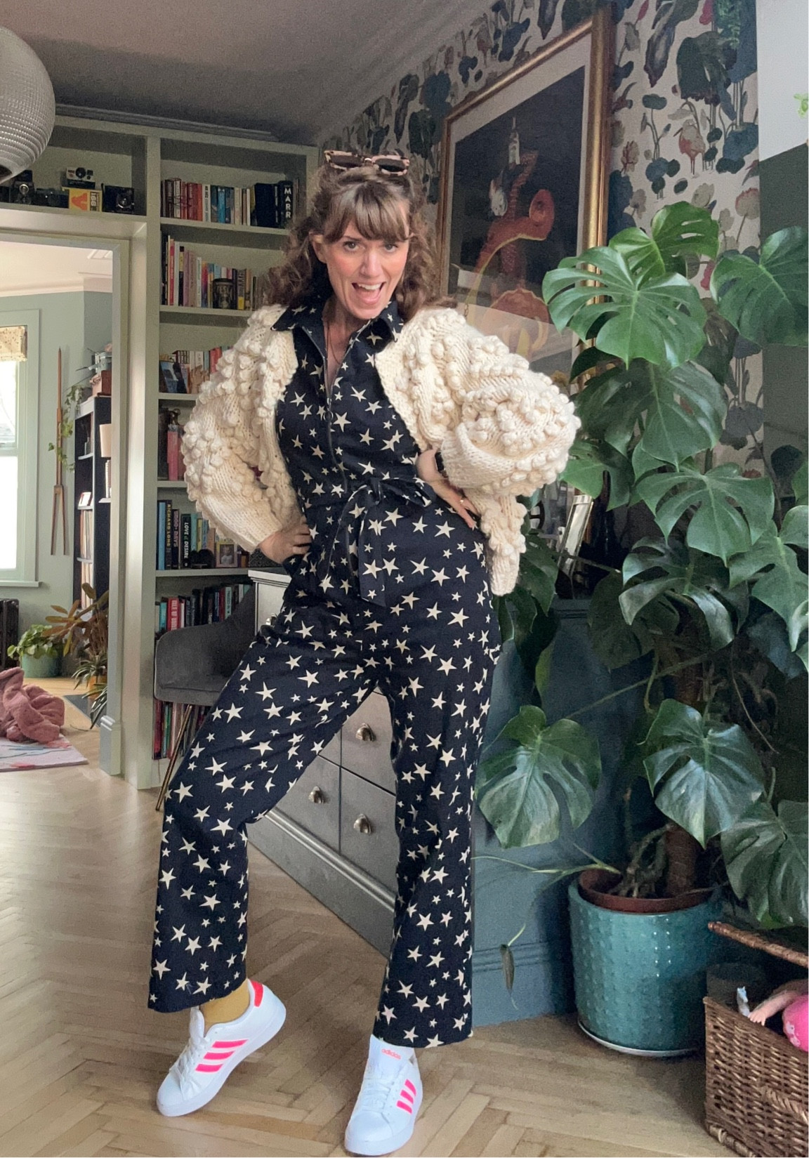 Joanie Star Jumpsuit, Chicwish heavy knit cardigan, Adidas Trainers

#LTKeurope #LTKstyletip #LTKCon