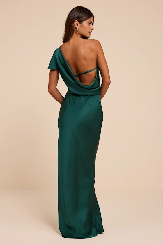 Tamaya Emerald Green Satin One-Shoulder Maxi Dress | Lulus