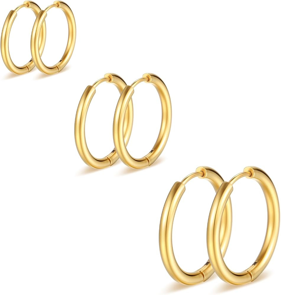 Gold Hoop Earrings Set for Women, 14K Golden Plated Hypoallergenic Thin Small Gold Earrings Set C... | Amazon (US)