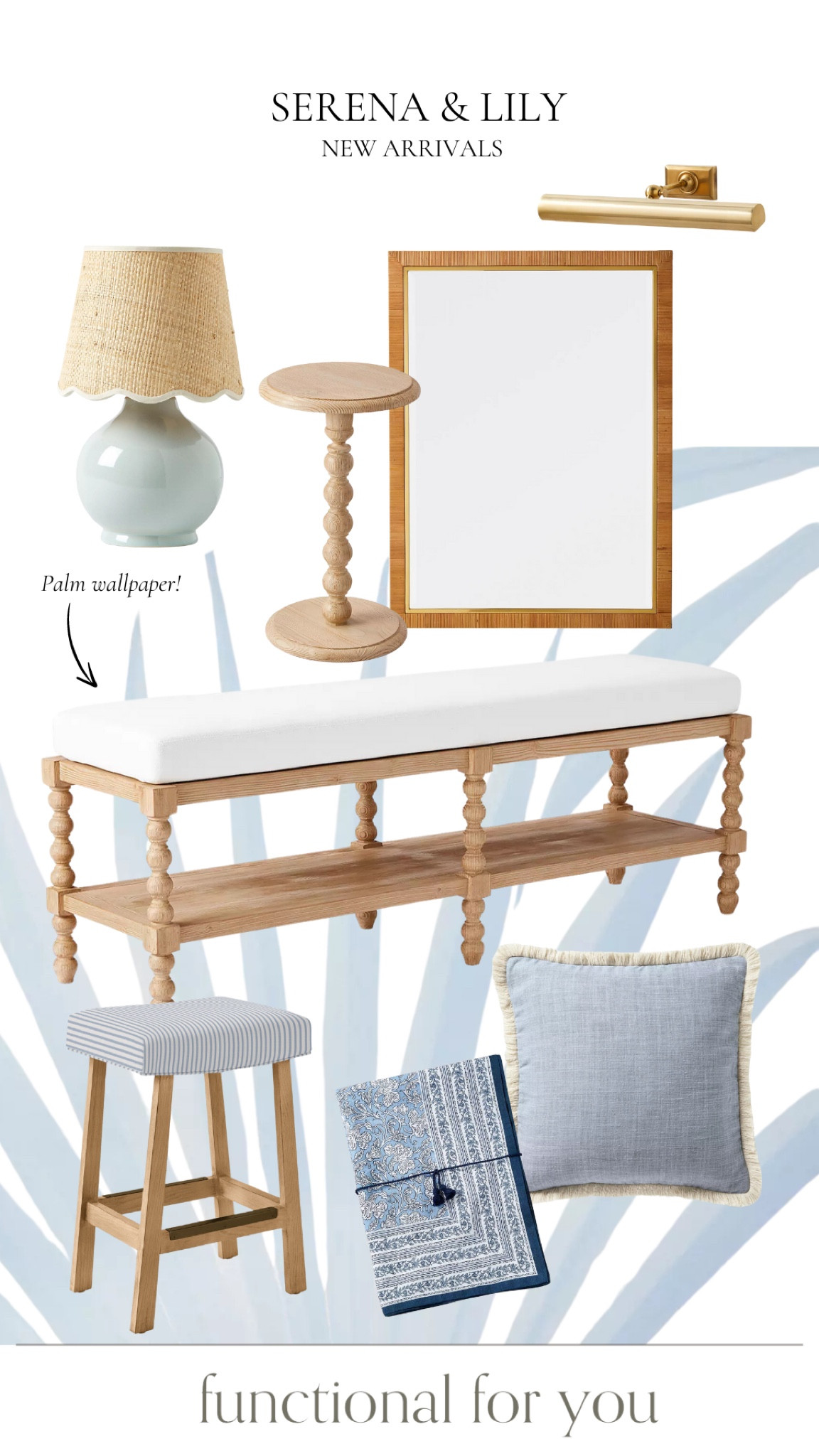 Serena & Lily new arrivals 

Table lamp, bench, counter stool, pillows, table cloth, mirror, tea table, gallery sconce, wallpaper, home decor 

#LTKHome