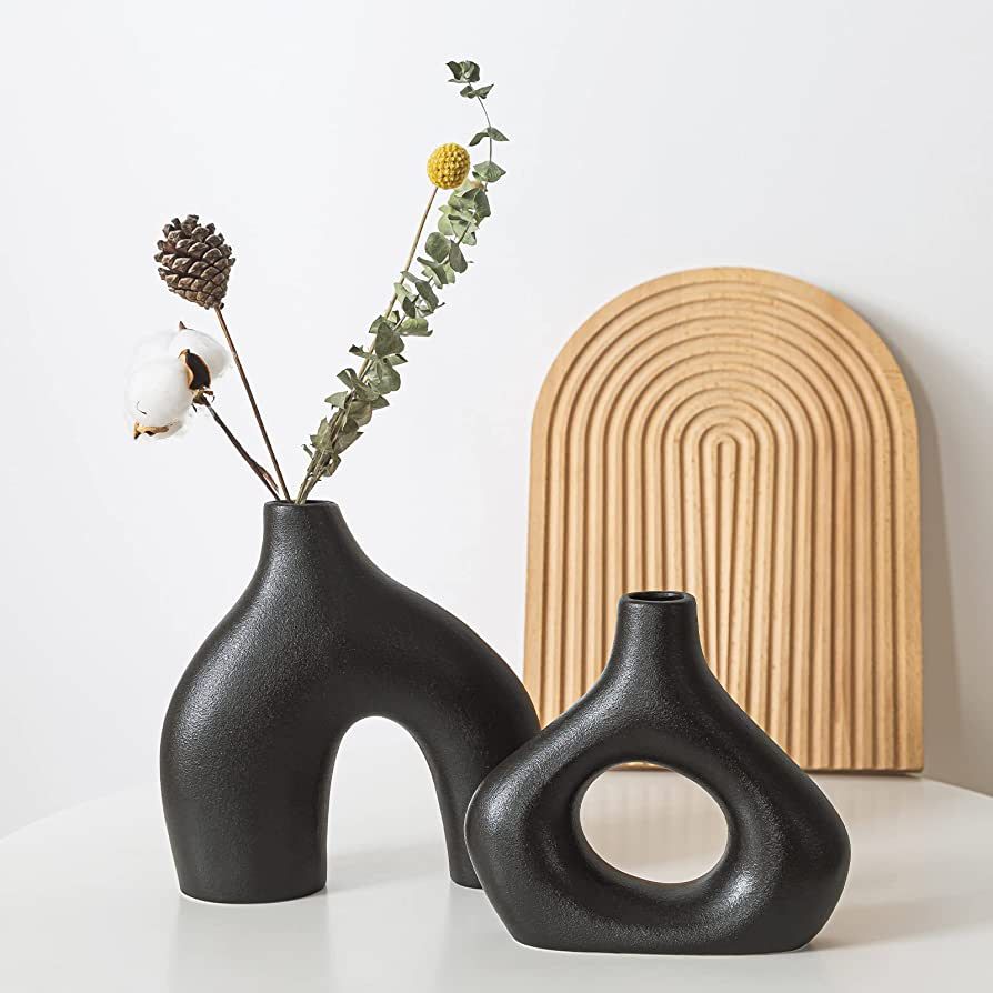 BLACK Ceramic Vase Set of 2 for Modern Home Decor, Round Matte Donut Vases for Pampas Grass, Neut... | Amazon (US)