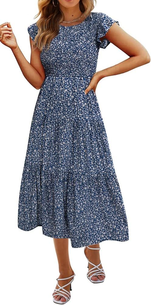 Hount Women's Casual Midi Dress Fultter Short Sleeve Elastic Waist Summer Tiered Smocked Dress wi... | Amazon (US)