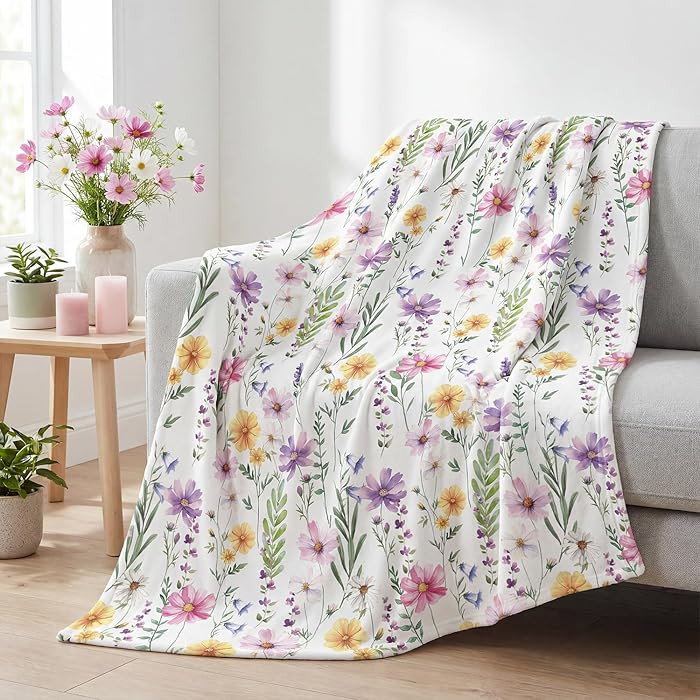 Horaldaily Spring Summer Flannel Blanket Throw, Watercolor Wildflowers Fleece Soft Fuzzy Plush Co... | Amazon (US)