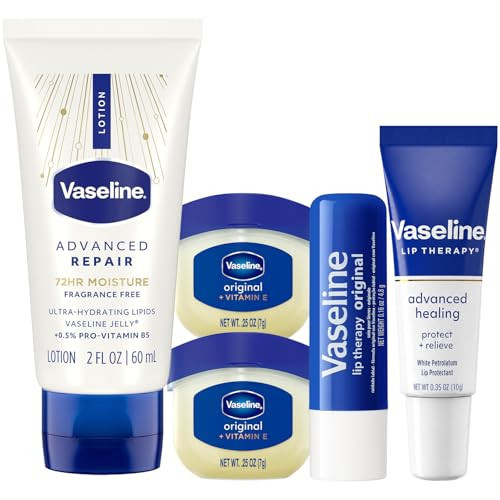 Vaseline Travel Essentials, Fragrance-Free Skin & Lip Care – Advanced Repair Unscented Lotion + Lip Therapy, Advanced Healing Tube, Original Stick & Mini Jars | Amazon (US)