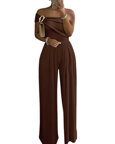 CHICME Womens Sleeveless Jumpsuit One Shoulder Ruched Romper Casual Fall Buckle Decor Wide Leg Jumpsuits Brown-L | Amazon (US)