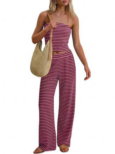 ANRABESS Women 2 Piece Sets Summer Striped Outfits Matching Tube Top Wide Leg Lounge Pants 2026 Travel Beach Vacation Clothes Wine Red Pink Stripe Small | Amazon (US)