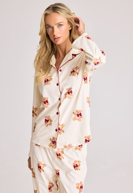 Womens Cream Teddy Print Family Pyjama | Peacocks