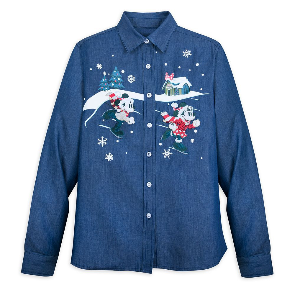 Mickey and Minnie Mouse Holiday Denim Shirt for Adults | Disney Store