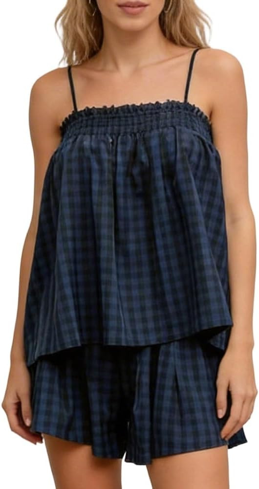 Adoeren Women Cute Plaid 2 Piece Lounge Set Y2k Spaghetti Strap Peplum Cami Top Shorts Babydoll P... | Amazon (US)