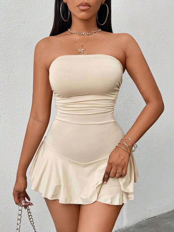 VaVaBold Women's Solid Color Frill-Trim Bodycon Romper Dress, Summer | SHEIN