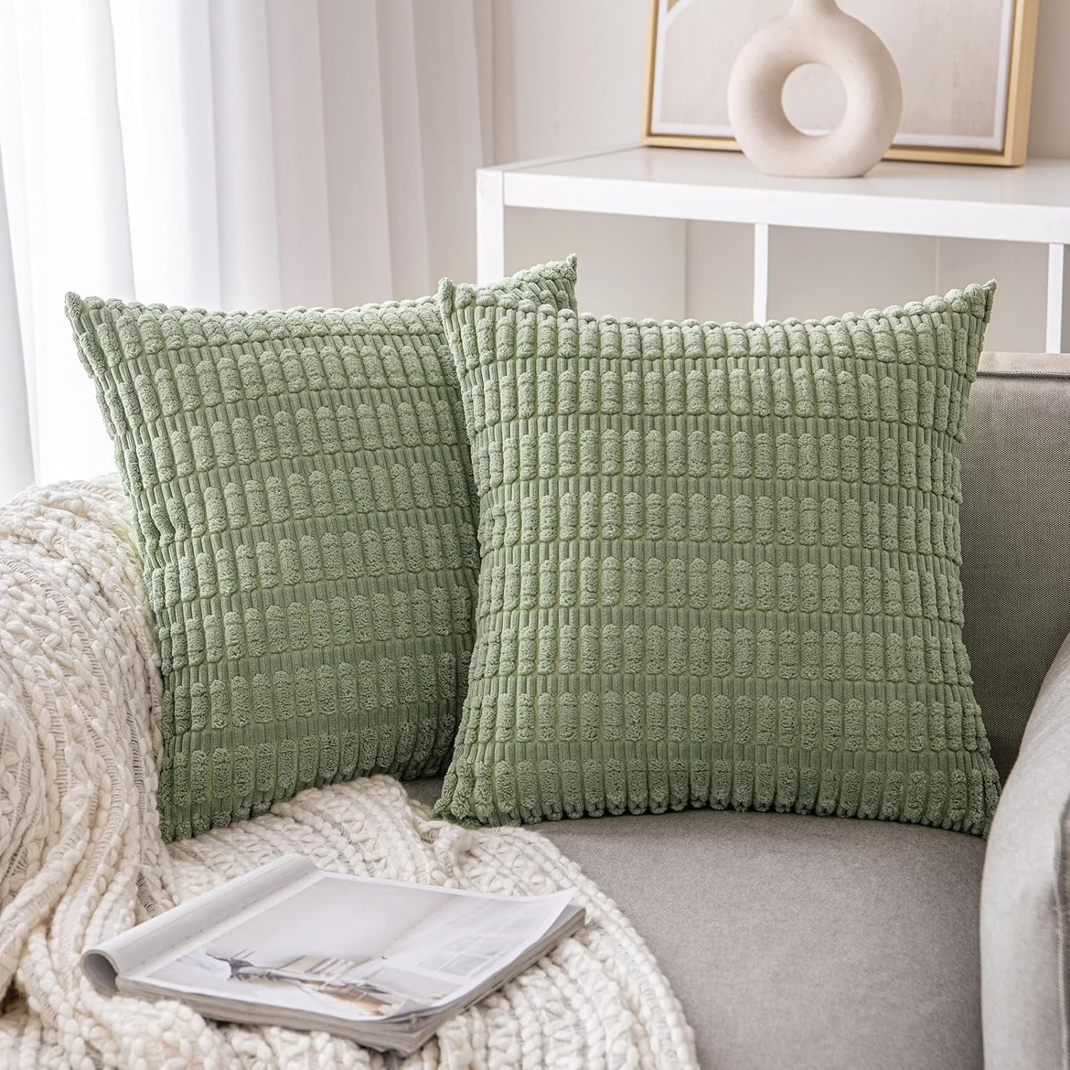 GUTALOR Pack of 2 Sage Green Decorative Throw Pillow Covers 18x18 Inch, Soft Corduroy Striped Squ... | Walmart (US)