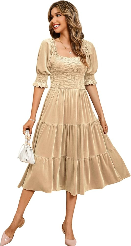 R.Vivimos Womens Fall Winter Velvet Dress Puff Sleeve Square Neck Smocked Tiered Ruffle A-Line Fl... | Amazon (US)