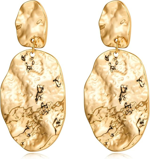 Chunky Gold Earrings for Women - Hammered Gold Plated Dangle Drop Jewelry Gifts | Amazon (US)