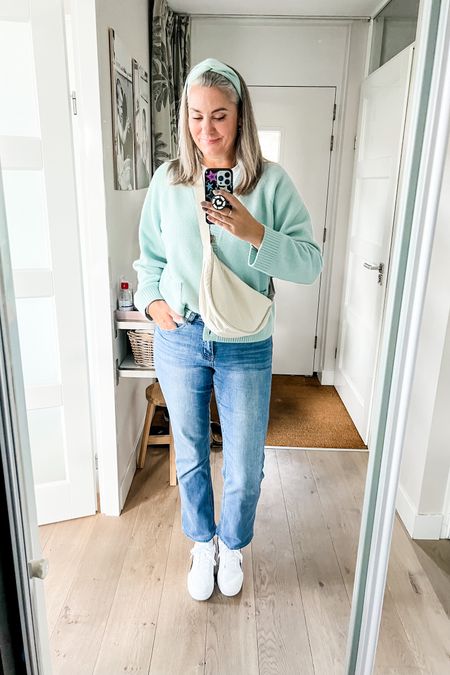 Turquoise soufflé knit cardigan over a supima cotton white t-shirt paired with straight stretch along Tall Sally jeans (sustainable option, hemmed to ankle length). Crew socks and white Puma sneakers. Viral Uniqlo crossbody bag. 





#LTKover40 #LTKmidsize #LTKstyletip