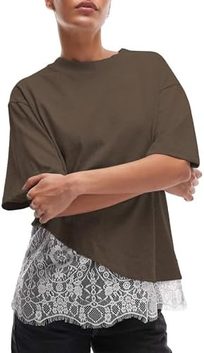 Womens Lace Patchwork Tops Casual Short Sleeve Cotton T Shirts | Amazon (US)