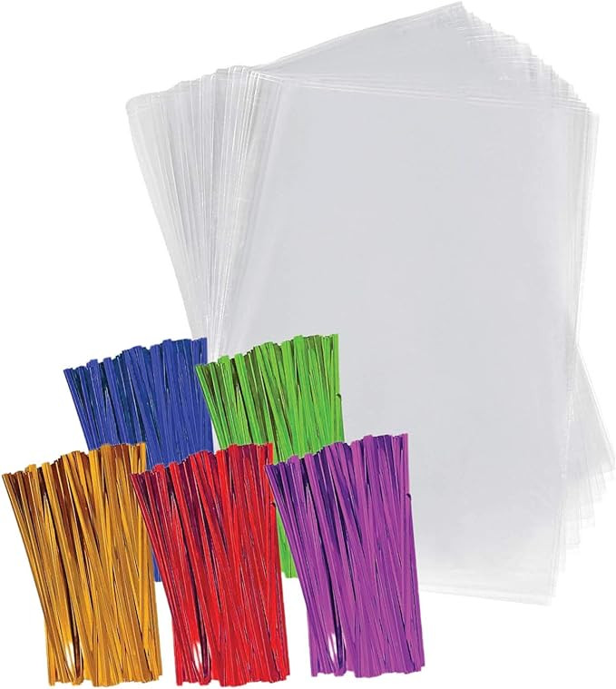 Purple Q Crafts Clear Plastic Cellophane Bags with 4" Colored Twist Ties for Gifts Party Favors (... | Amazon (US)