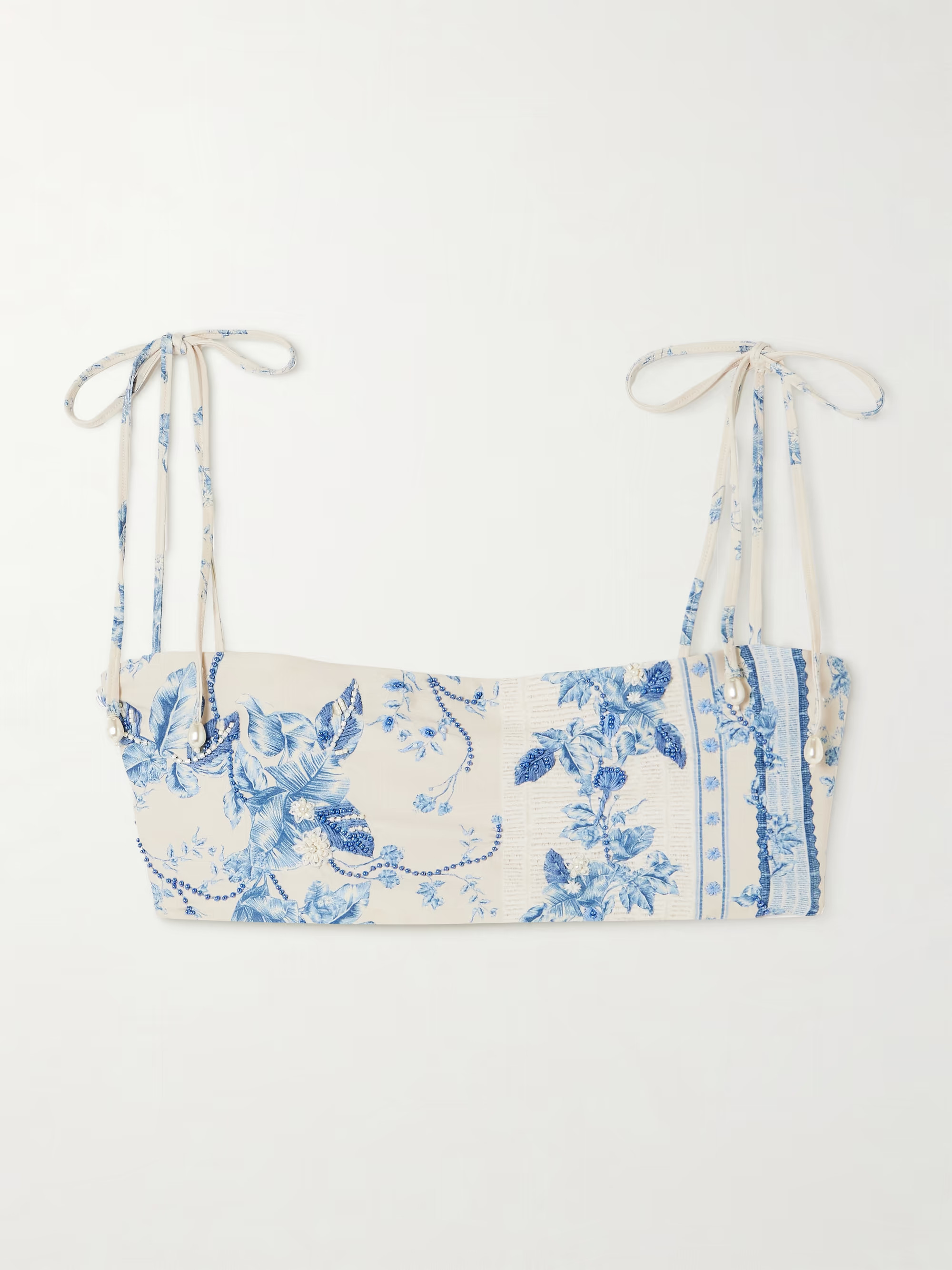 Primavera Bougainvillea faux pearl and bead-embellished floral-print recycled bikini top | NET-A-PORTER (US)