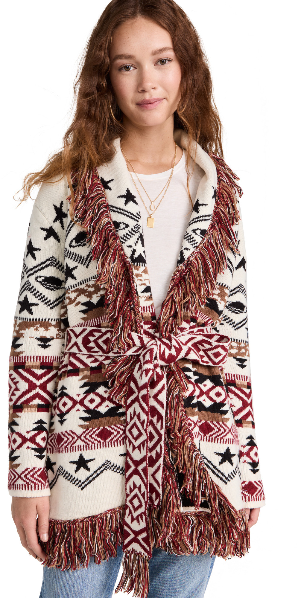 Jacquard Pattern Short Cardigan with Fringes | Shopbop