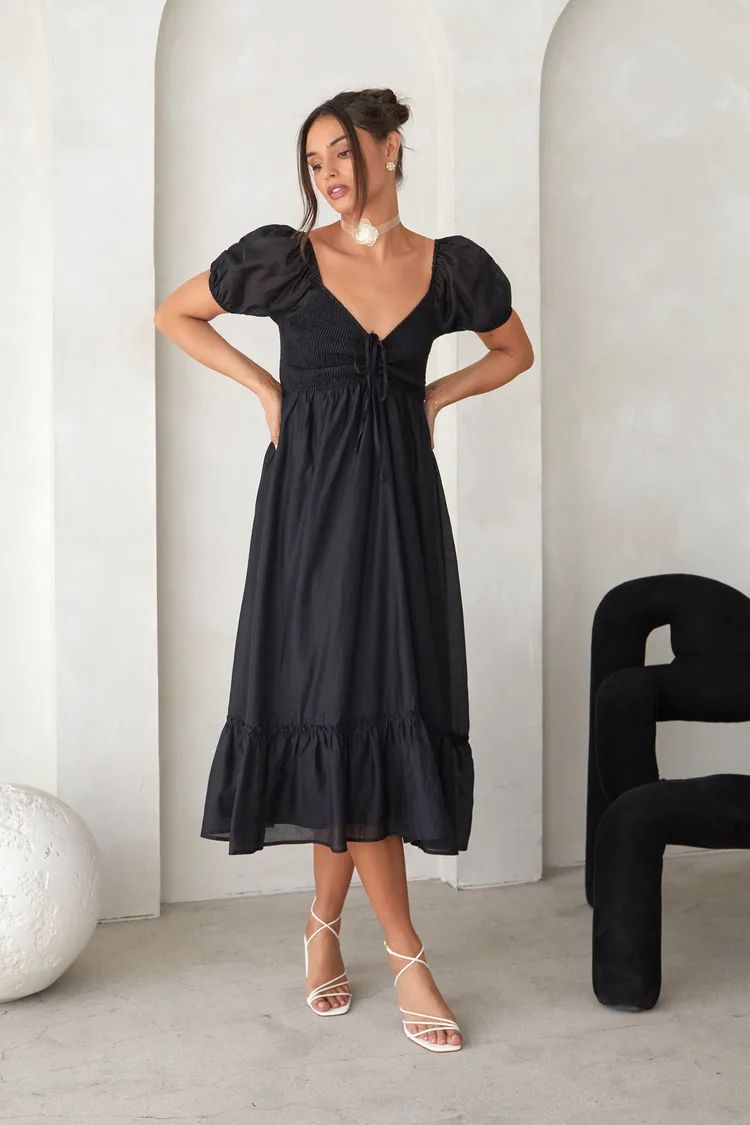 Inspiring Feelings Black Smocked Puff Sleeve Midi Dress | Lulus
