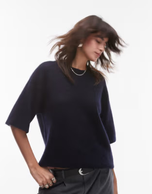 ARKET alpaca and wool blend short sleeve sweater in dark blue | ASOS | ASOS (Global)