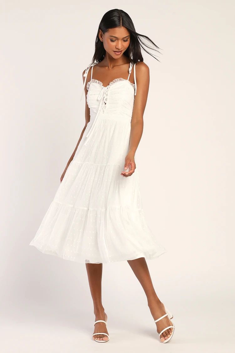 Always Sweet White Swiss Dot Tie-Strap Lace-Up Tiered Midi Dress | Lulus (US)