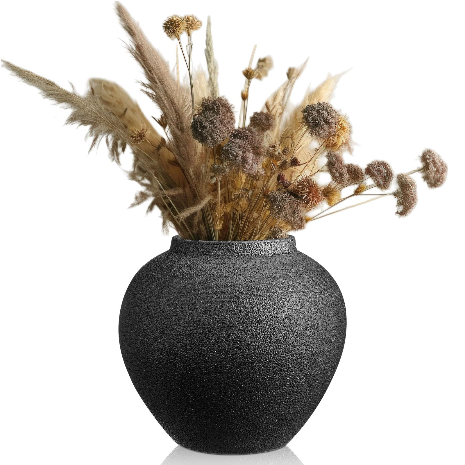 Black Ceramic Decorative Flower Vase 8.27" x 8.66" Textured Round Rustic Pottery Vintage Large Va... | Amazon (US)