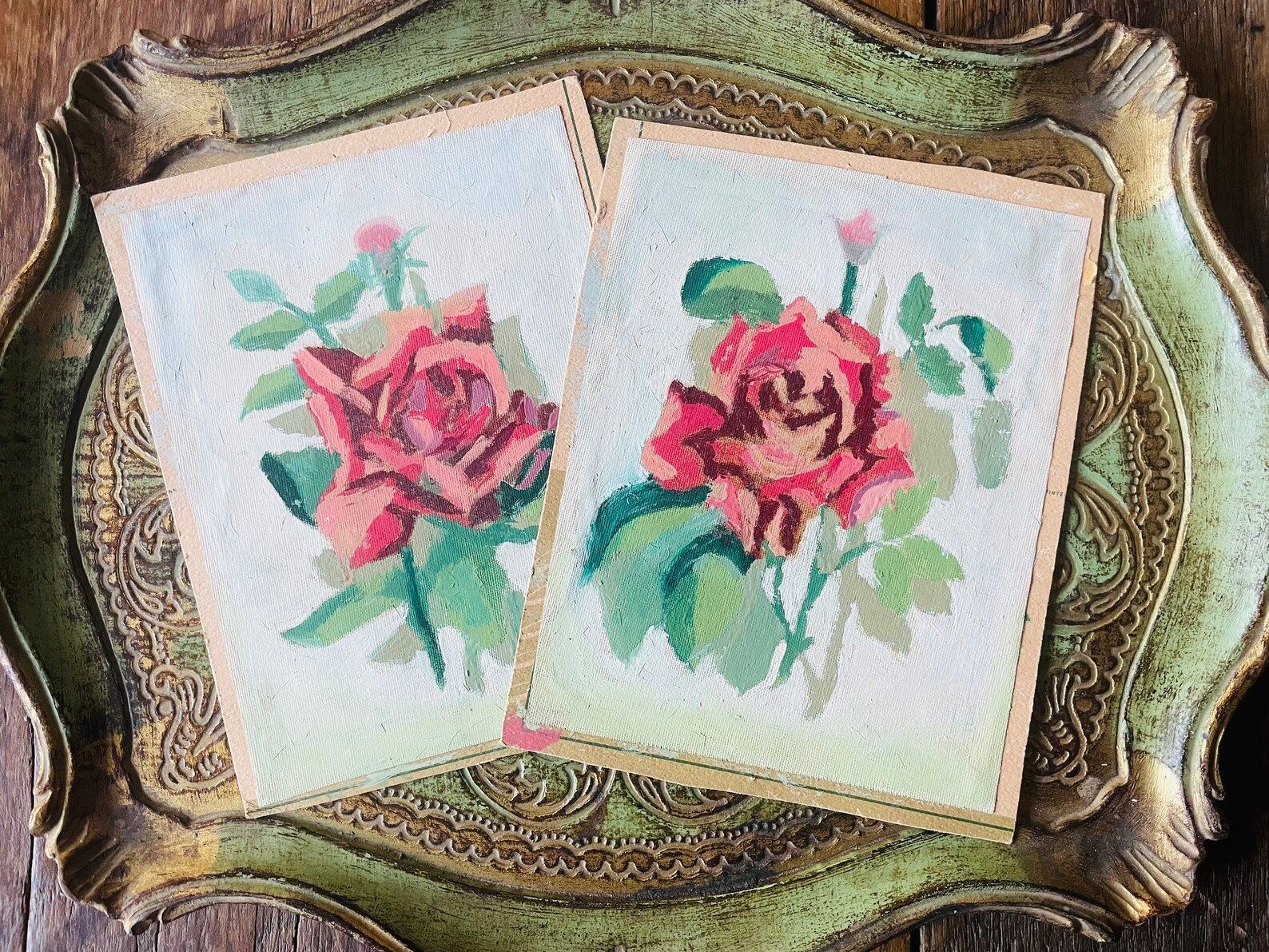 Vintage Rose Paintings Set of Two Pink Original Art - Etsy | Etsy (US)