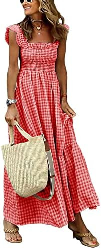 chouyatou Women's Retro Plaid Smocked Dress Spaghetti Strap Flounce Long Dress | Amazon (US)