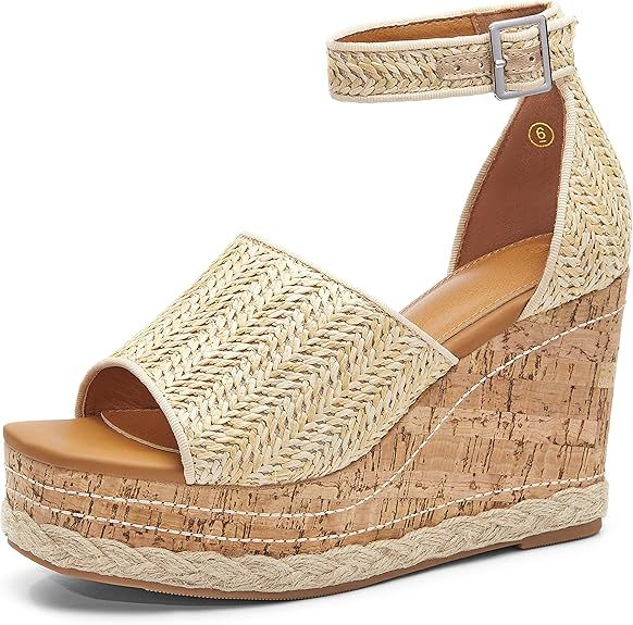 Women's Open Square Toe Wedge Platform Espadrille Ankle Buckle Strappy Cork Sole Braided Summer S... | Amazon (US)