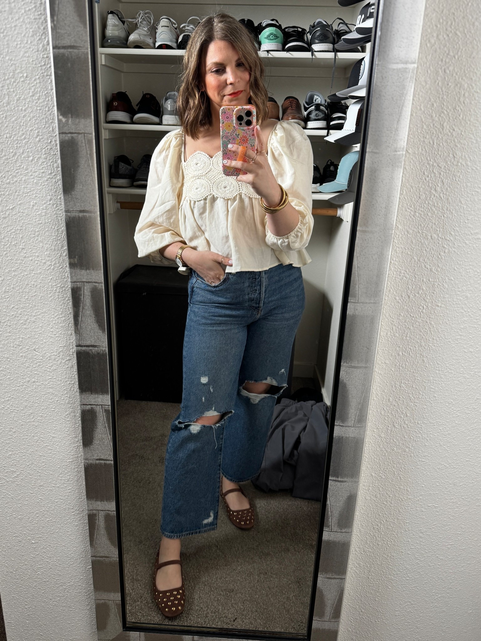 Size up in jeans, wearing xsmall in top, could have done small