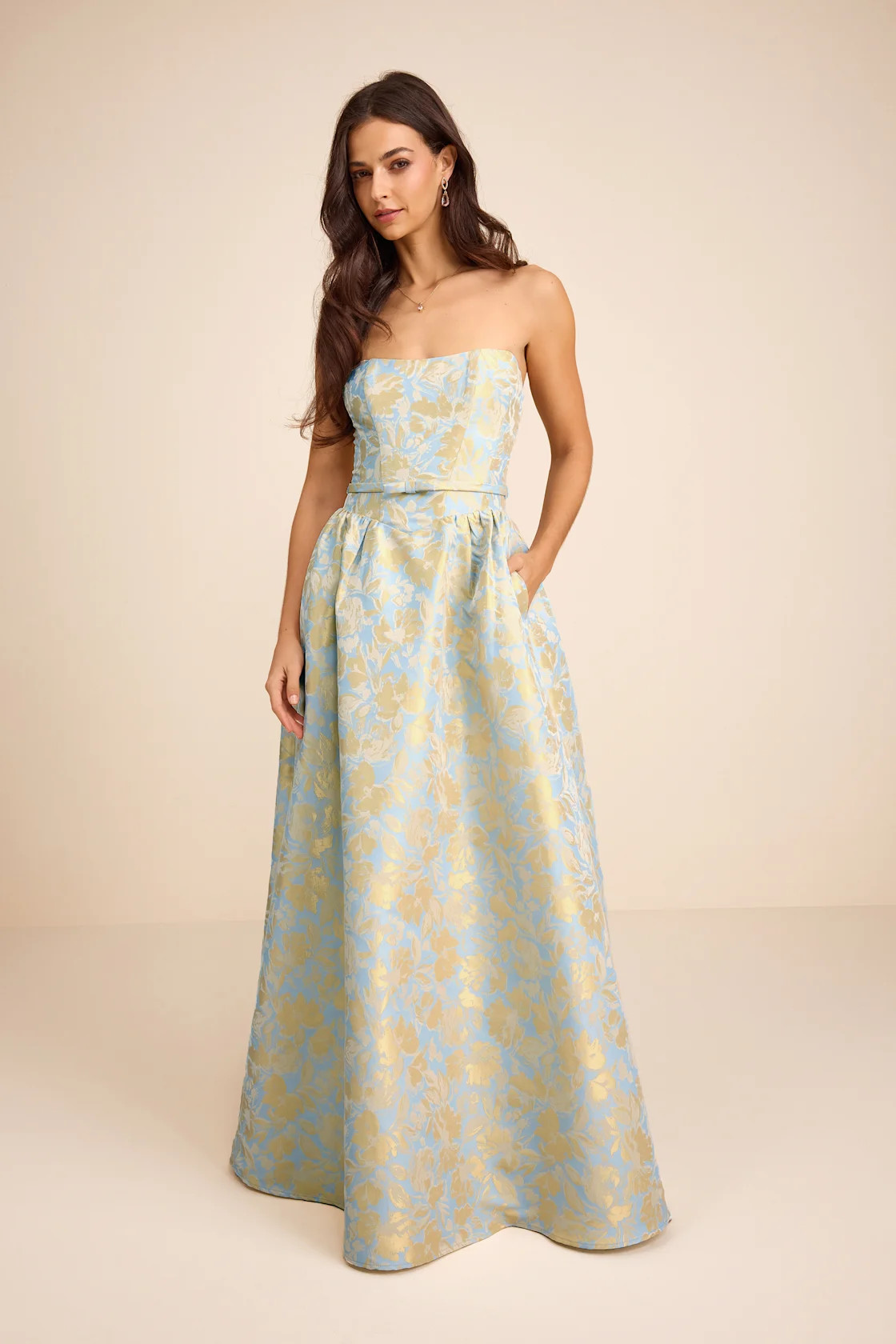 Bradshaw Light Blue and Yellow Floral Jacquard Maxi Dress | Lulus