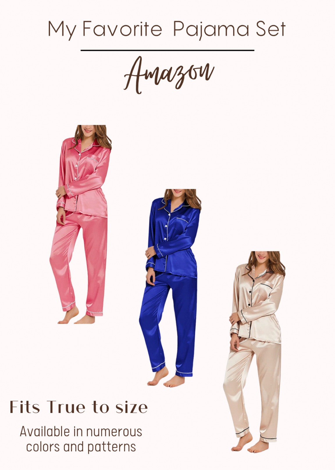 My favorite Satin Pajamas from Amazon. They come in so many colors and patterns. They’re also perfect as a bridal party get-ready outfit. Fits true to size. #pajamaset #amazonmusthave

#LTKHoliday #LTKwedding #LTKSeasonal