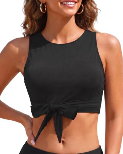 Black Women Swim Top Crop Top Swimsuit Top High Neck Tie Knot Front Top Only XS | Amazon (US)