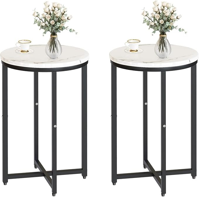 DKLGG Modern Black Side Table Set of 2, Small Coffee Table Round End Table with Black Frame, Faux... | Amazon (US)