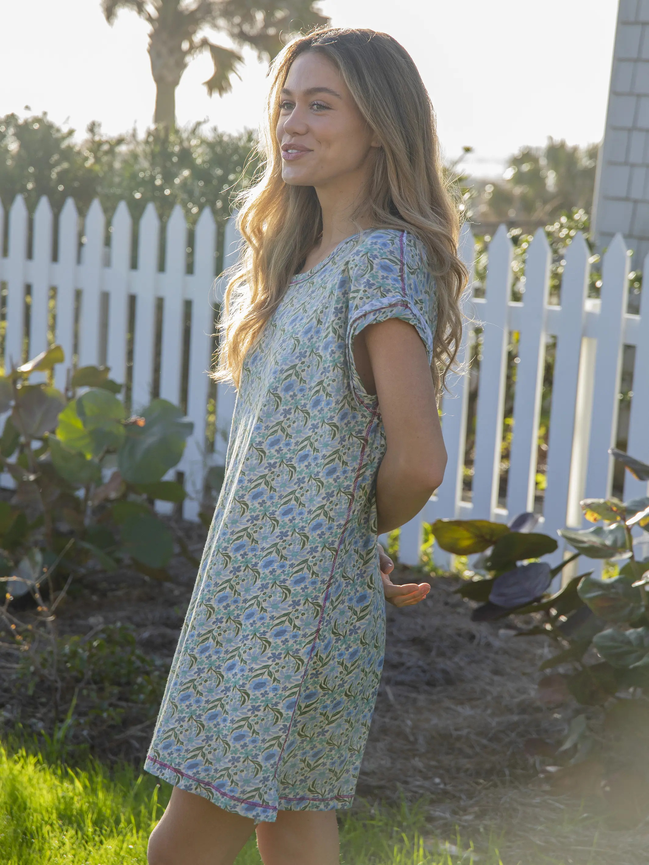Frankie Knit Cotton Tee Mini Dress - Blue Floral | Natural Life