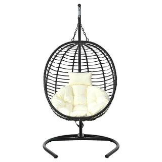Black Single Person Folding HDPE Wicker Patio Swing Hammock Chair with Beige Cushions | The Home Depot