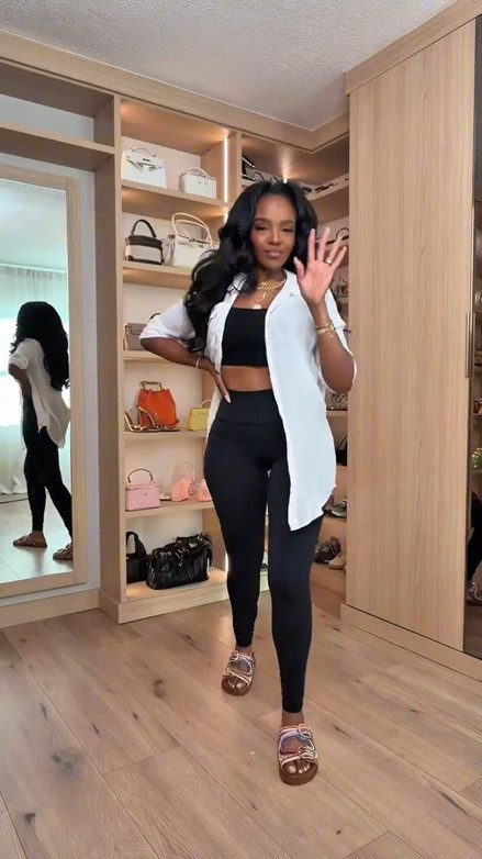 Hi Babes!

This is my go-to formula for looking put together while staying comfortable. A matching activewear set paired with an oversized button-down instantly makes a workout outfit feel elevated enough for errands, coffee runs, travel days, and everything in between.

I love outfits like this because every piece works overtime in your wardrobe. The leggings, sports bra, and button-down can all be styled separately, making this one of those high-value looks you'll wear on repeat.

Where to wear this:
• Gym sessions
• Morning walks
• Running errands
• Travel days
• Coffee runs
• School drop-offs
• Casual weekends

Undergarments: No additional undergarments needed beyond the activewear set. A seamless thong works best if desired.

Everything is linked below.

xx Kira | IG: KirasFashionFinds

34D - 27 - 40 • Size Small or 4

Follow me on Instagram and YouTube @kirasfashionfinds