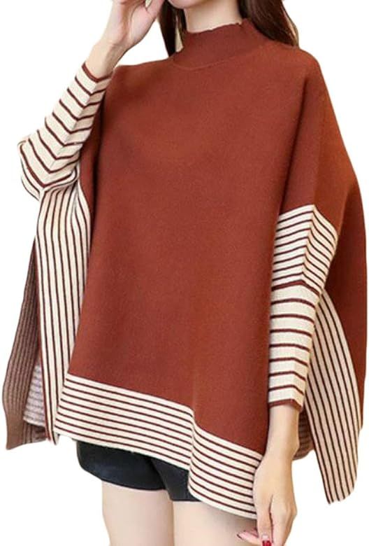 Womens Loose Fit Striped Batwing Sleeve Cape Poncho Knit Pullover Jumper Sweater | Amazon (US)