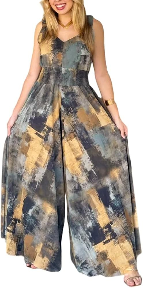 CHICME Women’s Abstract Print V Neck Jumpsuit Wide Leg High Cinched Waist Backless Sleeveless C... | Amazon (US)