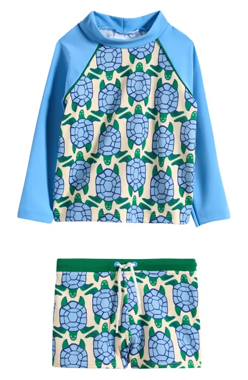 Mini Boden Turtle Print Rash Guard & Swim Trunks Set in Blue Geo Turtles at Nordstrom, Size 3-6M | Nordstrom
