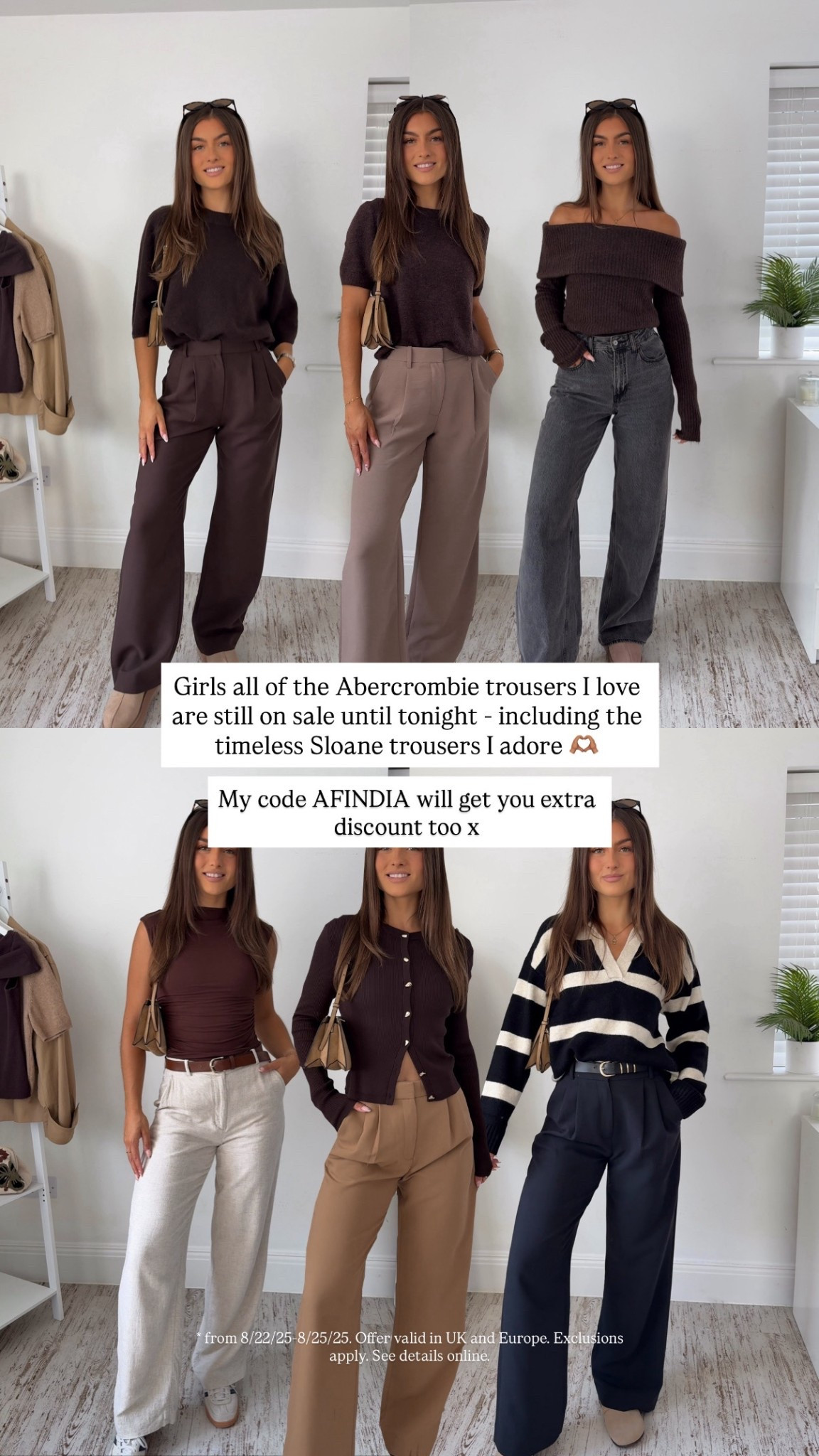 Abercrombie sale ends tonight - code AFINDIA for extra discount xx
* from 8/22/25-8/25/25. Offer valid in UK and Europe. Exclusions apply. See details online. 

#LTKstyletip #LTKeurope #LTKautumn