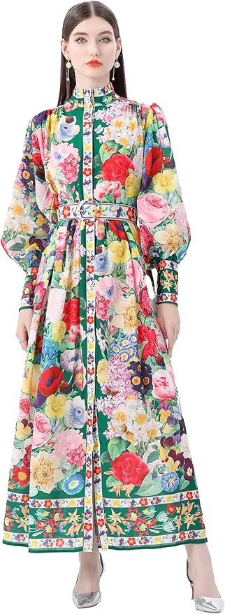 LAI MENG FIVE CATS Women's Puff Sleeves High Collar Floral Printed Buttons Front Slits Flowy Maxi... | Amazon (US)