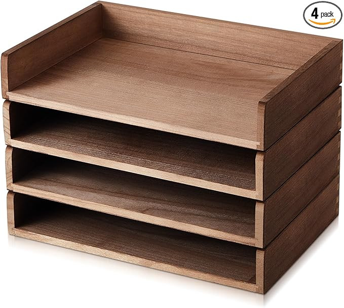 Yeaqee 4 Pcs Stackable Paper Tray Wood Desk Organizer Letter Tray Desktop Letter Size Office Wood... | Amazon (US)