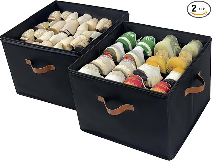 Shoe Organizer Box 2 Pack, Shoe Storage Organizer with Clear Cover, Adjustable Dividers Fits 16-3... | Amazon (US)