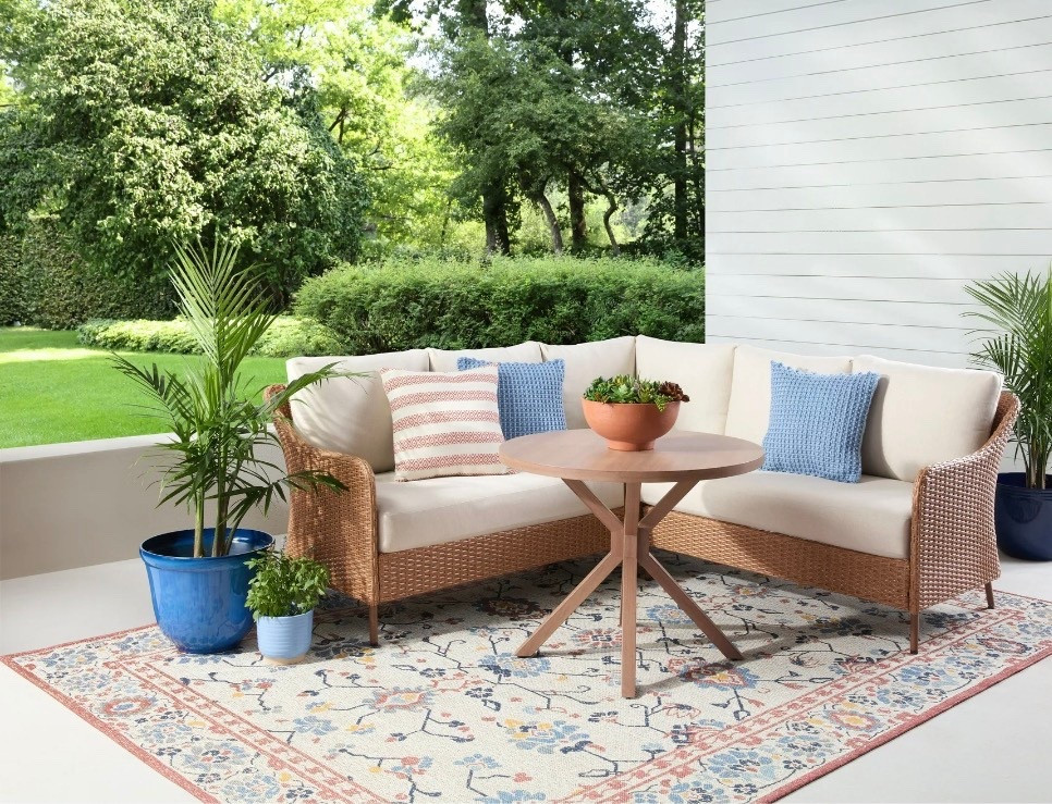 Add comfort and style to your Outdoor space with our Mainstay’s Chelsea 4-piece Sectional Dining Set. This set features durable hand-woven all-weather wicker and features comfortable Olefin cushions that are fade & water-resistant. The table and frame have a wood grain finish that provides a classic elevated look. Chelsea's transitional style and neutral tones will compliment any modern or traditional outdoor space. This cozy patio set is designed for entertaining, relaxing and will enhance any backyard, patio, deck, porch or garden space.

#LTKdayinmylife #LTKSeasonal #LTKHome