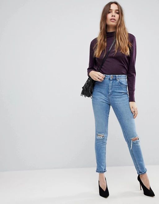 ASOS DESIGN Farleigh high waist slim mom jeans in light stone wash with busted knees | ASOS US